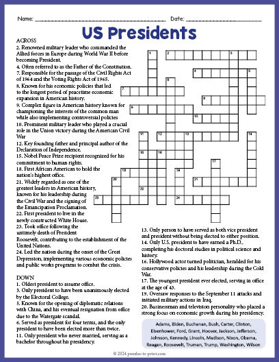 US Presidents Crossword Word Search