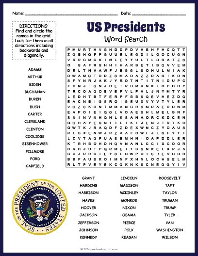 US Presidents Word Search Word Search