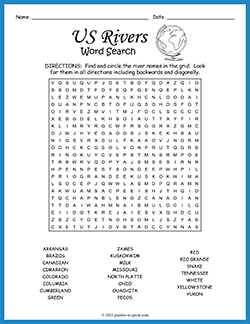 Free printable US Rivers Word Search puzzle worksheet