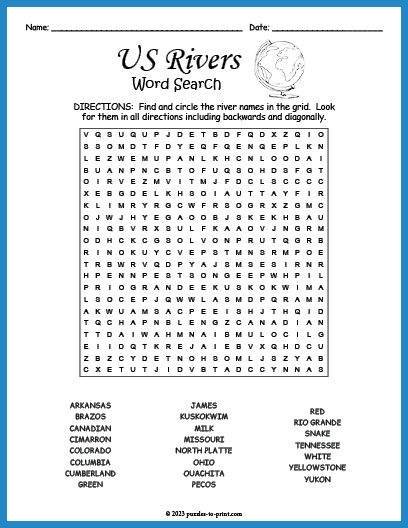 US Rivers Word Search