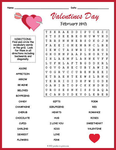Valentine's Day Word Search Word Search