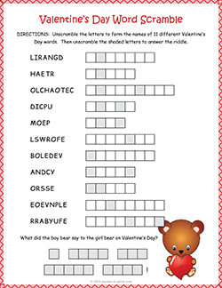 Free printable Valentine's Day Word Scramble puzzle worksheet