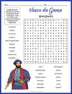 Free Printable Vasco da Gama Word Search Puzzle Worksheet