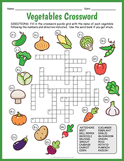 Free printable Vegetables Crossword puzzle worksheet