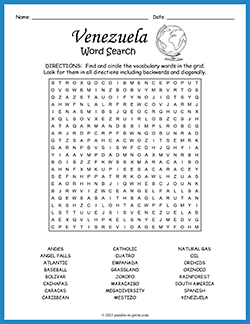 Free printable Venezuela Word Search puzzle worksheet