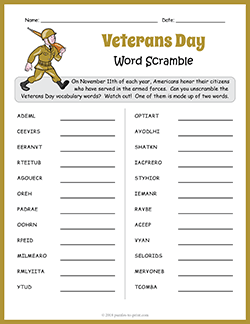 Free printable Veterans Day Word Scramble puzzle worksheet