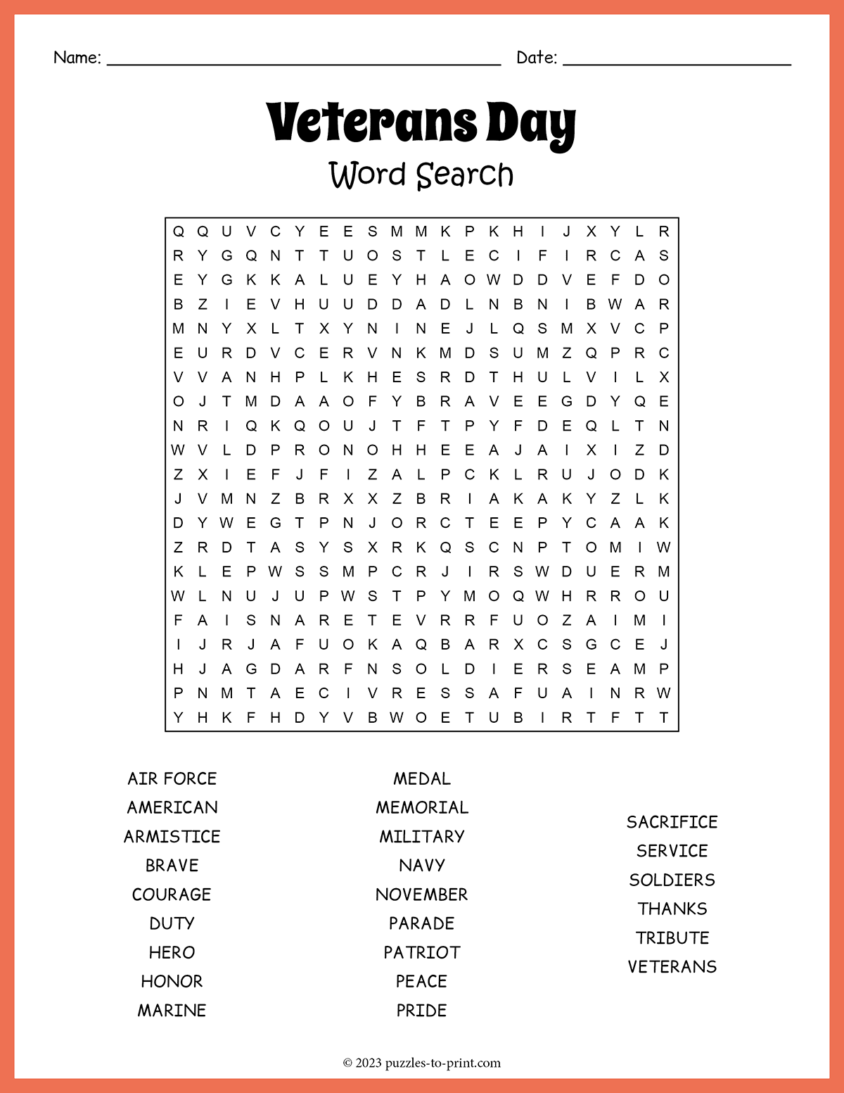 free printable veterans day word search
