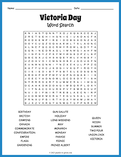 Free printable Victoria Day Word Search puzzle worksheet