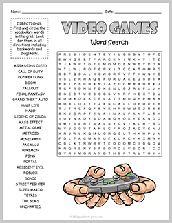 Free printable Video Games Word Search puzzle worksheet