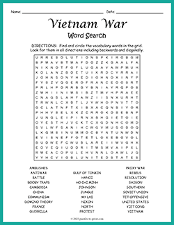 Free printable Vietnam War Word Search puzzle worksheet