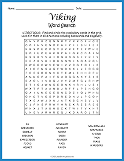 Free printable Viking Word Search puzzle worksheet