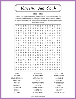 Free printable Vincent van Gogh Word Search puzzle worksheet