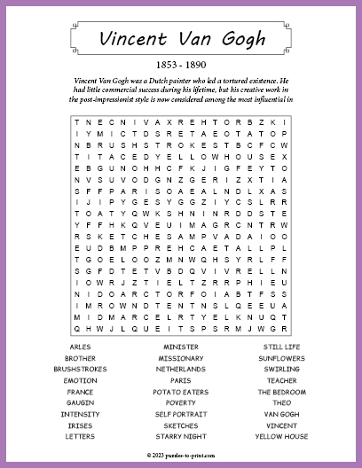 Vincent Van Gogh Word Search