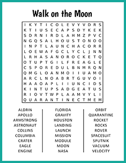Free printable Walk on the Moon Word Search puzzle worksheet