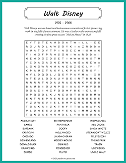 Free printable Walt Disney Word Search puzzle worksheet