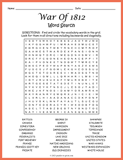 Free printable War Of 1812 Word Search puzzle worksheet