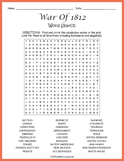War Of 1812 Word Search