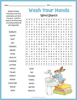 Free printable Wash Your Hands Word Search puzzle worksheet