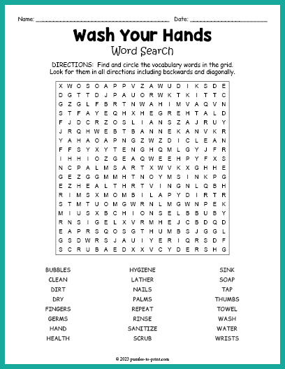 Wash Your Hands Word Search