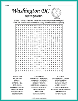 Free printable Washington DC Word Search puzzle worksheet