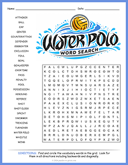 Free Printable Water Polo Word Search Puzzle Worksheet