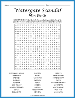 Free printable Watergate Scandal Word Search puzzle worksheet