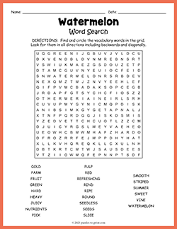 Free printable Watermelon Word Search puzzle worksheet