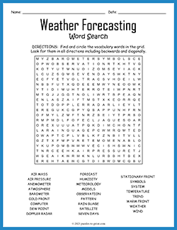 Free printable Weather Forecasting Word Search puzzle worksheet