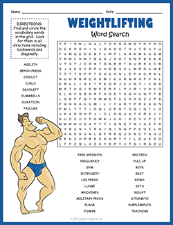 Free printable Weight Training Word Search puzzle worksheet