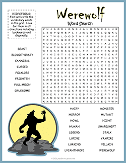 Free printable Werewolf Word Search puzzle worksheet