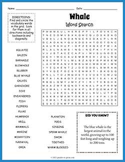 Free printable Whale Word Search puzzle worksheet