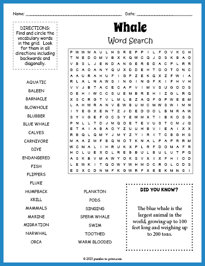 Whale Word Search