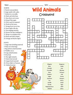 Free printable Wild Animals Crossword puzzle worksheet