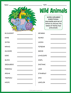 Free printable Wild Animals Word Scramble puzzle worksheet