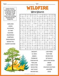 Free printable Wildfire Word Search puzzle worksheet
