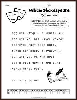 Free printable William Shakespeare Cryptoquote puzzle worksheet