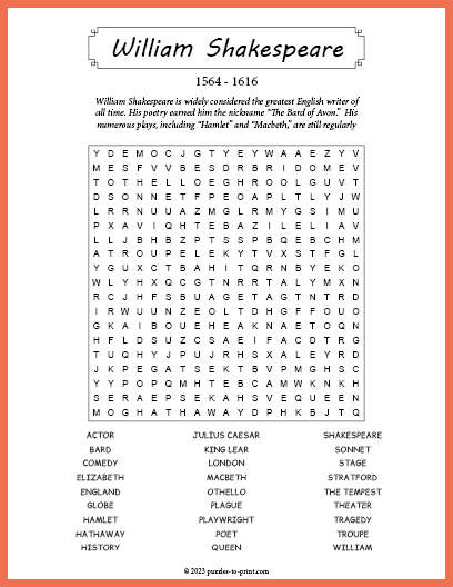 William Shakespeare Word Search