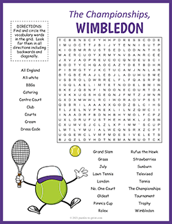 Free printable Wimbledon Word Search puzzle worksheet