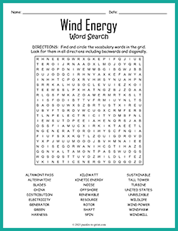 Free printable Wind Energy Word Search puzzle worksheet