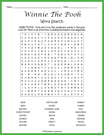 Winnie The Pooh Word Search