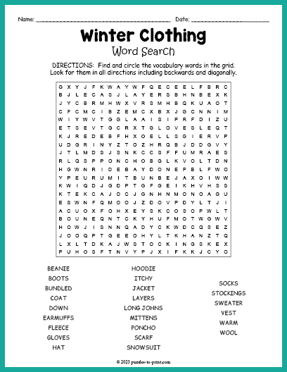 Winter Clothing Word Search