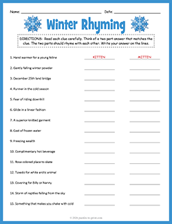 Free printable Winter Hink Pinks puzzle worksheet