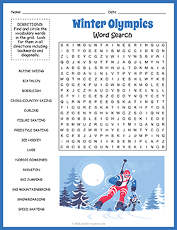 Free printable Winter Olympics Word Search puzzle worksheet