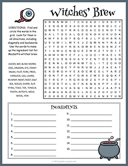 Free printable Witches Brew Word Search puzzle worksheet