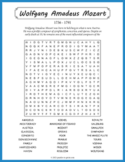 Free printable Wolfgang Amadeus Mozart Word Search puzzle worksheet