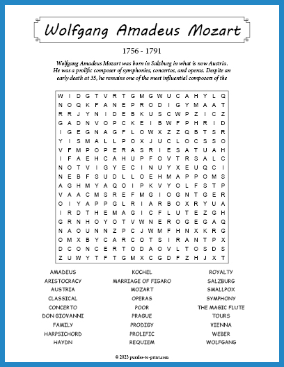 Wolfgang Amadeus Mozart Word Search