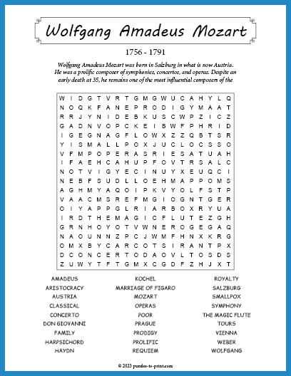 Wolfgang Amadeus Mozart Word Search
