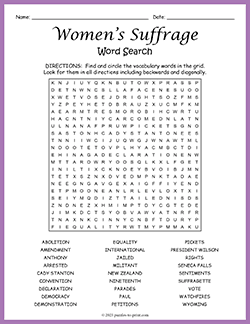 Free printable Women's Suffrage Word Search puzzle worksheet