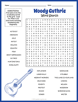 Free printable Woody Guthrie Word Search puzzle worksheet