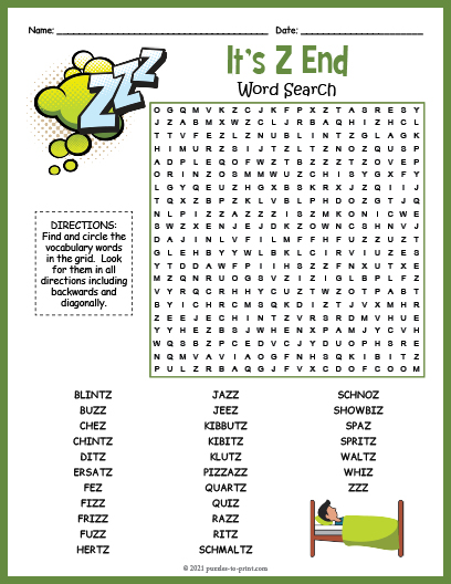 Words That End In Z Word Search